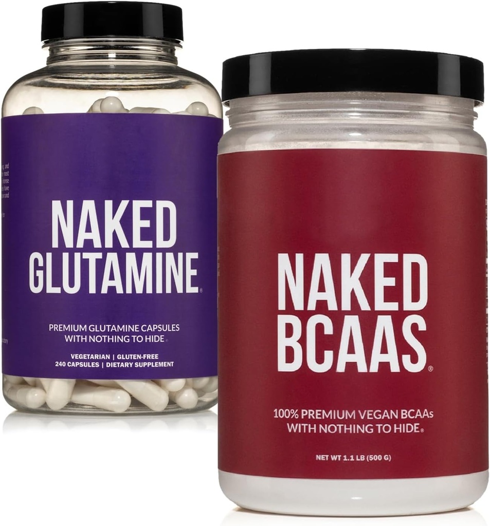 NAKED Άγευστο BCAAs 100 Sevings + καθαρό L-Γλουταμίνη 240 Κάψουλες Δέσμη: Μη ΓΤΟ, Χωρίς γλουτένη, Ανάκτηση μυών, Τίποτα Τεχνητό