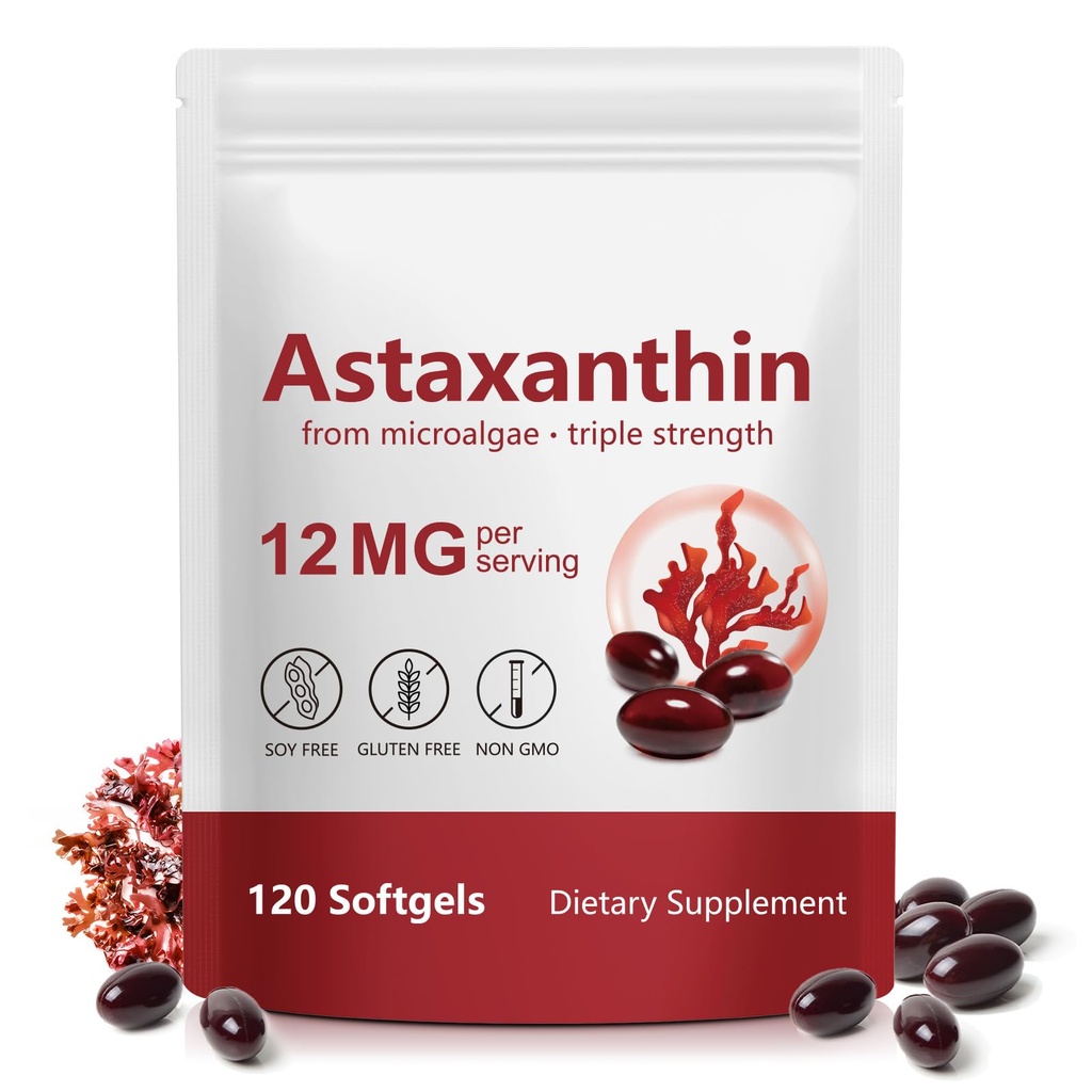 Astaxanthin 12mg from Natural Microalgae - 120 Softgels for Skin, Eye & Joint Support | 4-Month Supply of Antioxidant Supplement for Internal Circulation & Vitality, Non-GMO