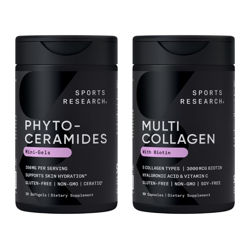 Sports Research® Supplements for Women Pack - Phytoceramides 350mg for Healthy Skin and Hydration + Biotin-Infused Collagen Peptides Complex