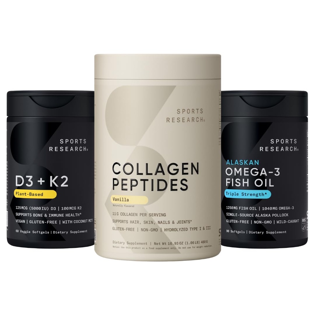 Sports Research® Skin Joint and Bones Pack - Vanilla Collagen Peptides, Triple Strength Omega-3 Fish Oil Supplement, and Vitamin D3 5000iu & Mk7 Vitamin K2 with Coconut MCT Oil