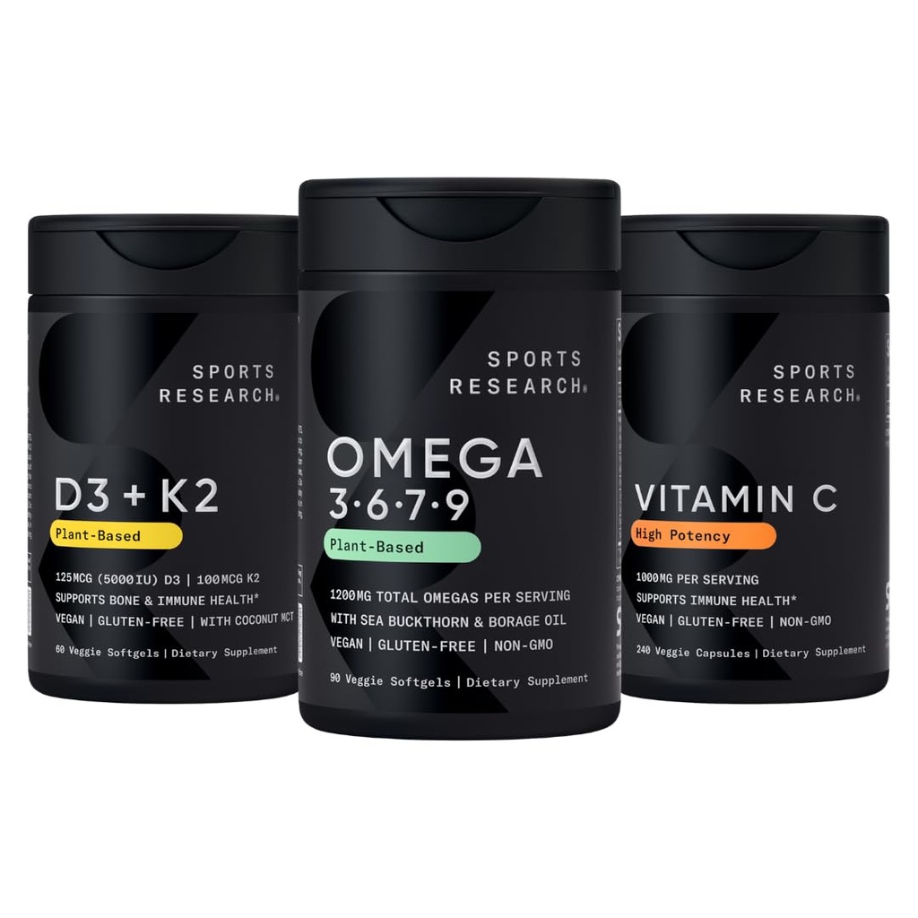 Sports Research® Essentials Pack - Vegan Multi-Spectrum Omega 3-6-7-9 + Vitamin D 5000iu & Mk7 Vitamin K 100mcg + Vitamin C 1000mg