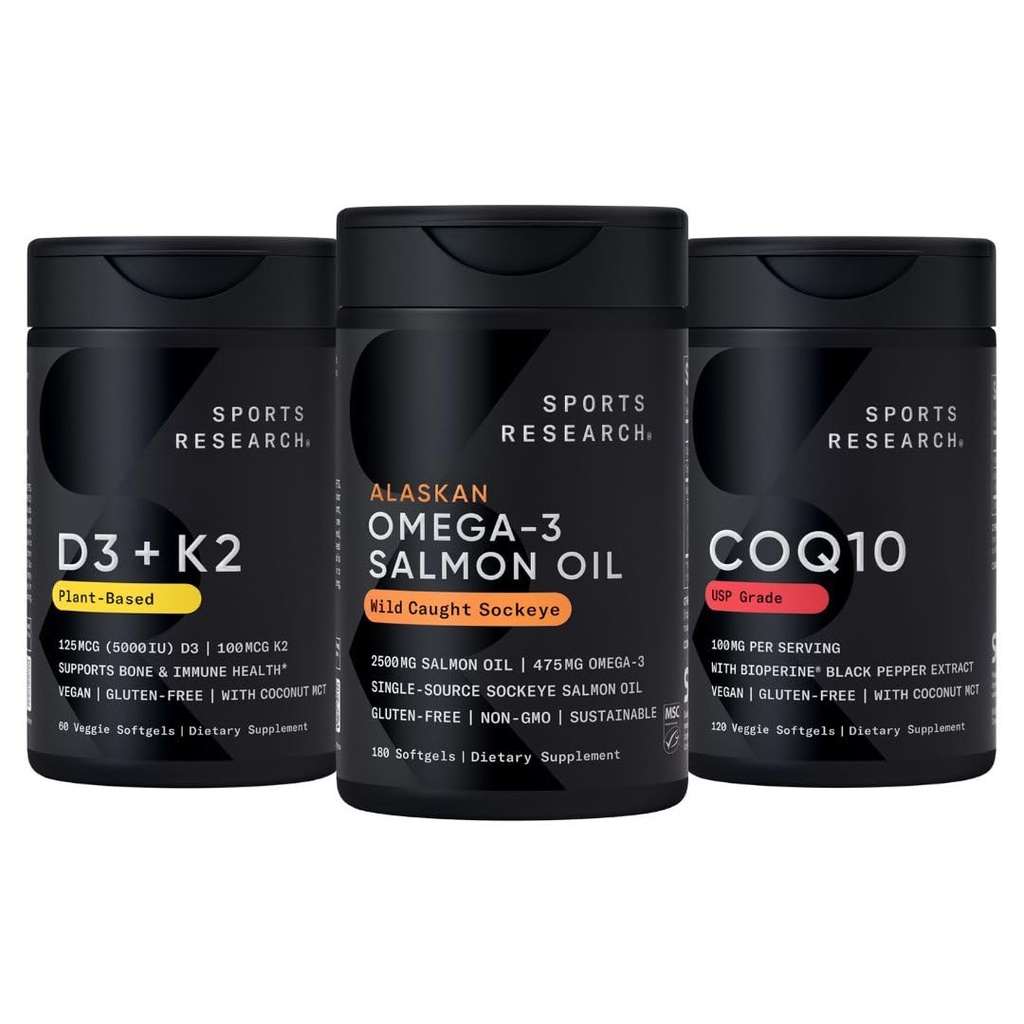 Sports Research® Supplements Pack - Omega 3 Salmon Oil + Vegan Vitamin D 5000iu & Mk7 Vitamin K 100mcg + CoQ10 (100mg)