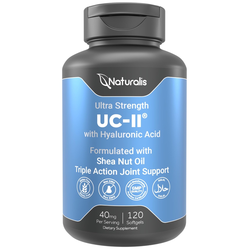 Naturalis UC-II 40 mg with Hyaluronic Acid and Shea Nut Oil | Enhanced Undenatured Type II Collagen for Better Joint Health, Mobility & Flexibility | Gluten-Free & Non-GMO | 120 Softgels