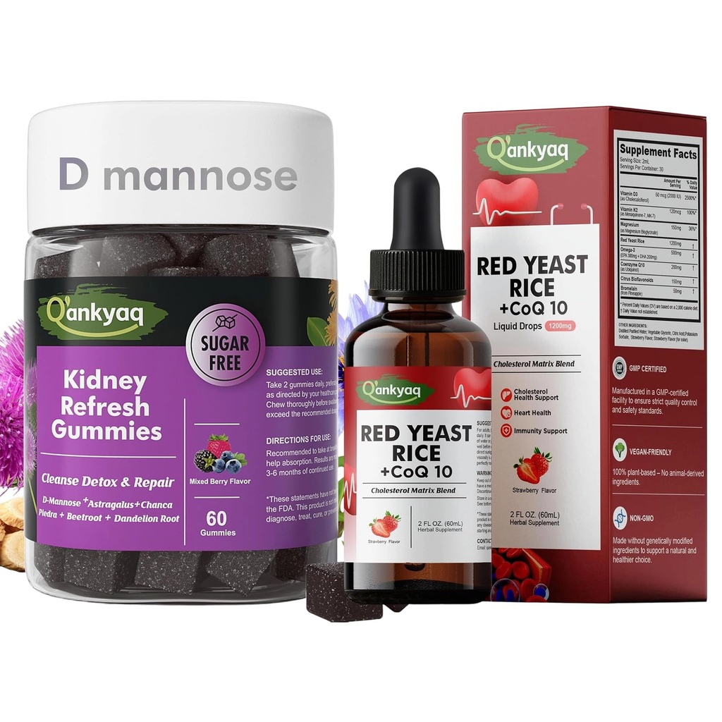 Q'ankyaq D mannose Gummies for Women, Kidney Cleanse Detox & Repair Gummies, Red Yeast Rice with CoQ10 Liquid Drops, 1200mg Red Rice Yeast Extract for Cholesterol Health