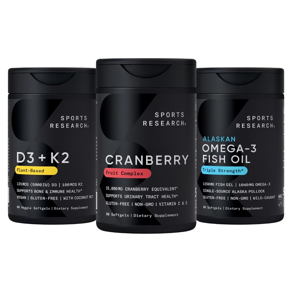Sports Research® Multivitamin Pack - Cranberry Fruit Complex Supplement, Vitamin D3 5000iu + K2 100mcg, and Alaskan Omega-3 Fish Oil 1250mg