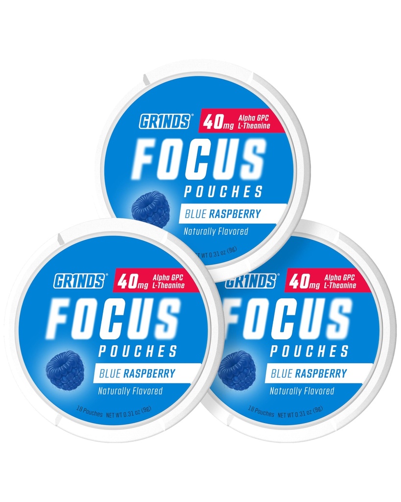 GRINDS Focus Pouches - Naturally Flavored with Nootropic Ingredients - Contains Alpha GPC and L-Theanine, Sugar-Free - 3 Pack, 18 Pouches Per Can - Blue Raspberry