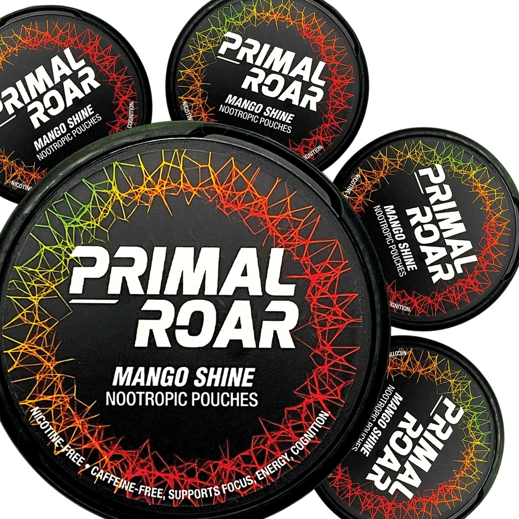 Primal Roar Mango Shine - Stimulant-Free Deep Focus Nootropics Pouches | Lion’s Mane + Cognizin Citicoline + Huperzine A | Nicotine and Caffeine-Free | 20 Pouches Per Can (100 Total in 5-Pack)