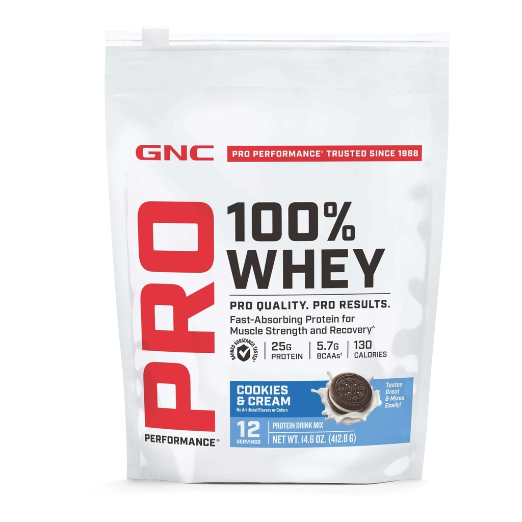 GNC Pro Performance 100% Whey Protein Powder 2.0, Fast Absorbing for Muscle Strength and Recovery, Cookies and Cream, 12 Servings