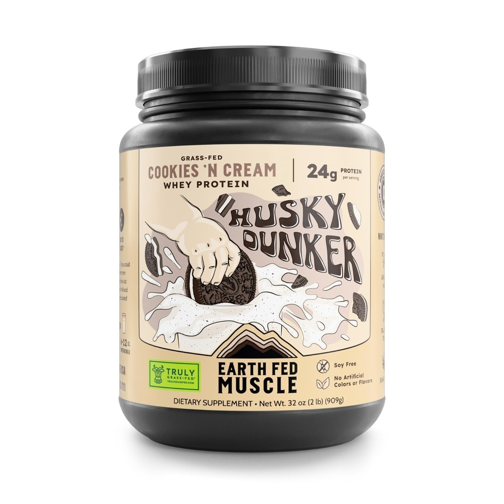 Earth Fed Muscle Husky Dunker Cookies N' Cream Truly Grass Fed Whey Protein Powder - No Artificial Ingredients, Soy Free, Non-GMO and Hormone Free (2 Pound, 27 Servings, Cookies n' Cream)