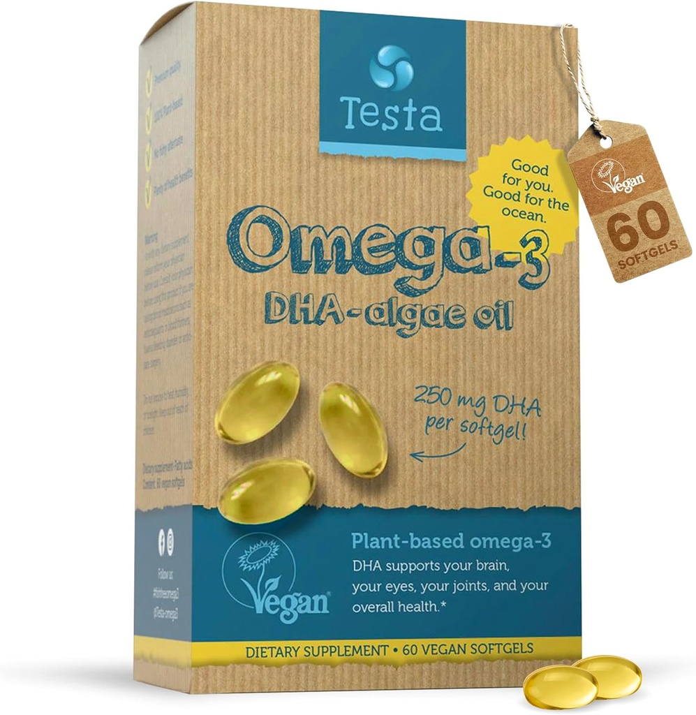 Testa Omega 3 Supplement - Algae Oil - Vegan Omega 3 - Beyin, Göz ve Ortak Sağlık - Balıktan Değil, Saf Algae Capsules - İki Ay Supply