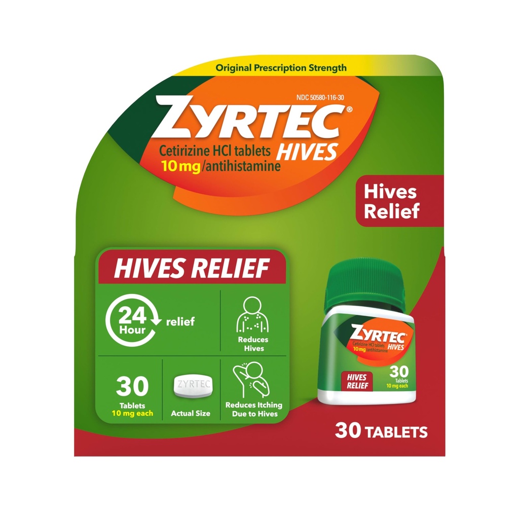 Zyrtec 24 Saat Hives Relief Tabletleri, 10 mg Cetirizine HCl Tabletleri Hives'i azaltmaya yardımcı olmak için 10 mg Cetirizine HCl Tabletleri Hives'i Azaltmak ve Urticaria için Antihistamin Tabletleri, 30 ct