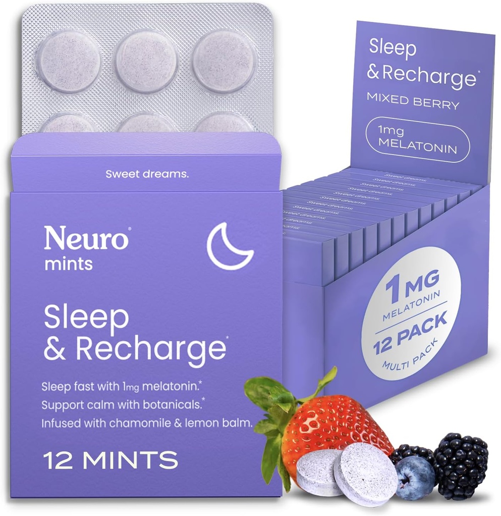 NöroGum Melatonin 1 mg Sleep & Recharge Mints (144 Adet) - Hızlı Dissolve Melatonin Sugar Free Mints with Lemon Balm & Chamomile for Better Sleep - Calm Sleep Supplement - karma Berry Flavor