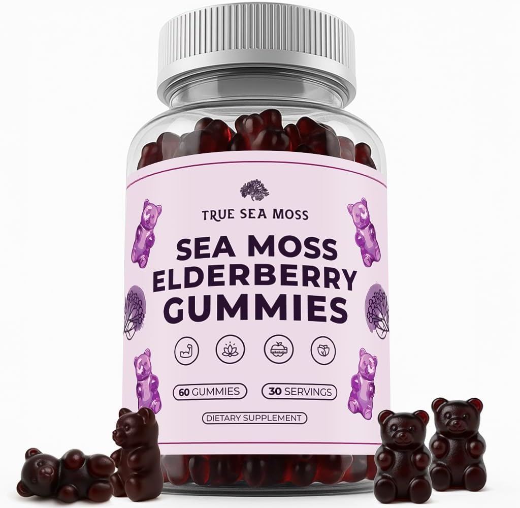 TrueSeaMosss Sea Moss Gummies with Elderberry, Burdock Root & Bladderwrack – Vegan, Non-GMO Formula for Yetişkinler & Kids – 1200 mg per Service, Fruity Flavor, Made in USA – 60 Gummies