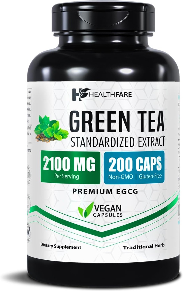 Healthfare Green Tea Extract Pills 2100 mg | Full Standardized with EGCG & Polyols | 200 Vegan Capsules | Ekstra Kuvvet Antioksit Desteği | Non-GMO, Gluten-Free | Made in USA