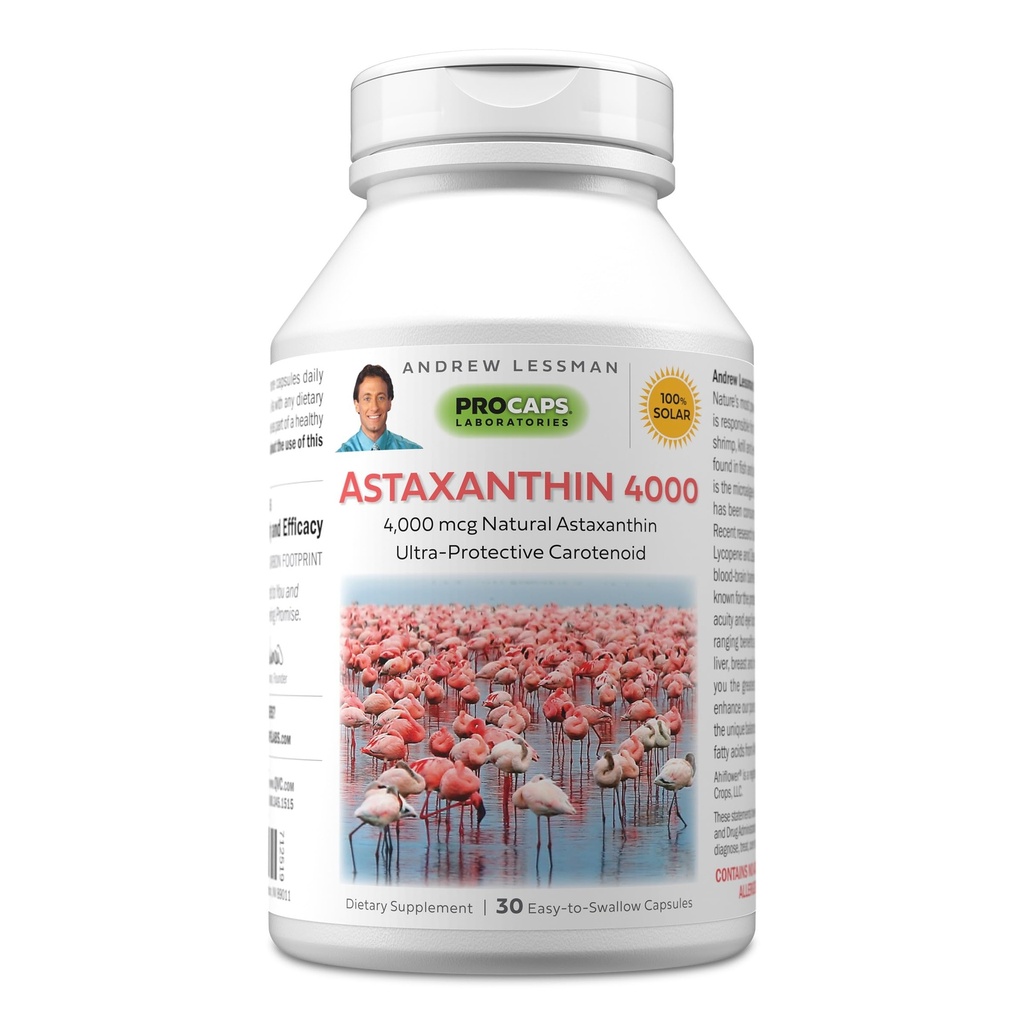 ANDREW LESSMAN Astaxanthin 30 Softgels - 4000 mcg Natural Astaxanthin, Güçlü Anti-Oxidant Carotenoid. Gözler, Kalp, Skin ve daha fazlası için koruma. Katkı yok. Swallow Yumuşak