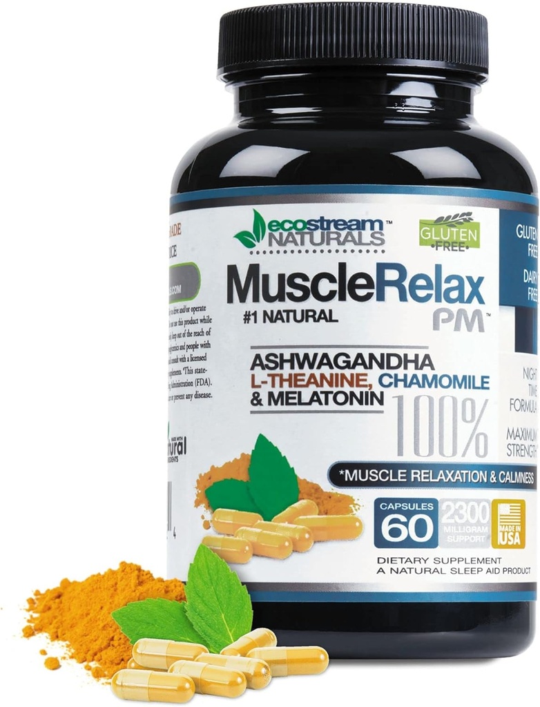 Natural Night-Time Support Muscle Relax PM - Over 2,300 Milligrams Strength - Ease Night Time Capsules Rest Support with Magnesium, Ashwaganha, Valerian, Passion Flower