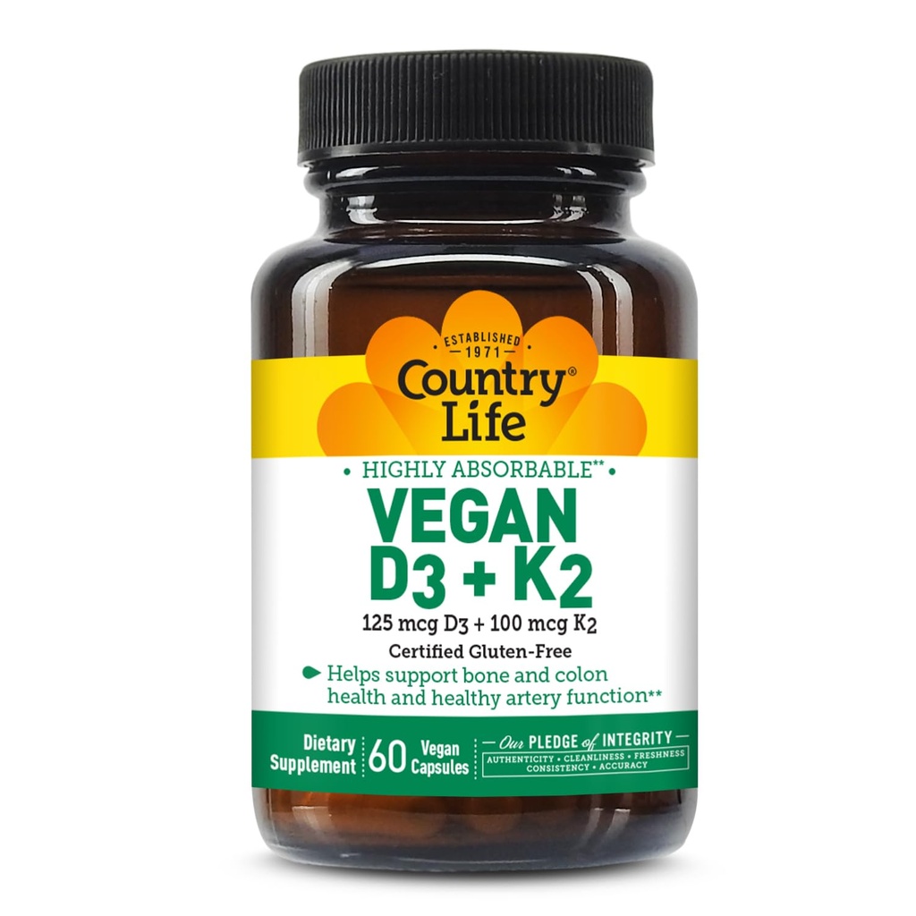 Country Life Vegan D3 + K2 – 5000 IU Vitamin D3 & 100 mcg MK-4 & MK-7 | Supports Bone, Immune, Colon & Artery Health | Certified Vegan, Gluten-Free, B-Corp, 60 Capsules