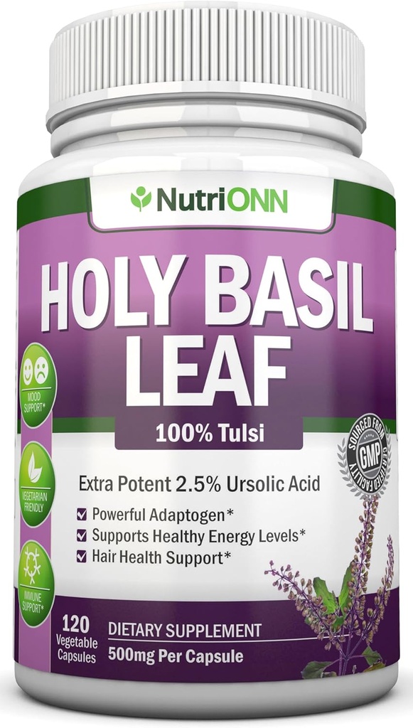 Holy Basil Leaf Capsules - 500 mg -% 2.5 Ursolic asit - 120 Vegan Capsules - Real Tulsi Ekstra - Olumlu Mindset - Adaptojenik & Ayurvedic Herb