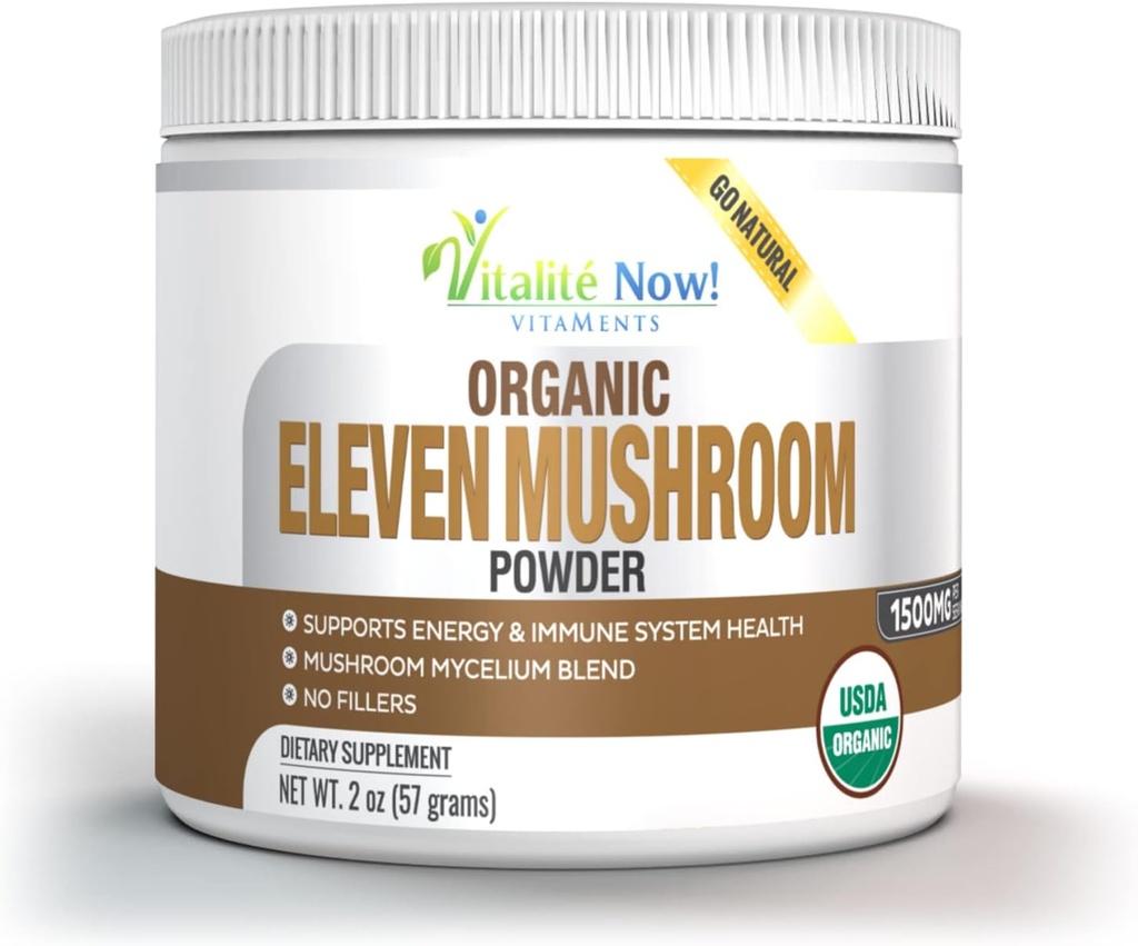 Organik 11 Mushroom Toz - USDA sertifikalı - Lion's Mane, Reishi, Cordyceps, Maitake, Shiitake, Türkiye Tail, Chaga, Zhuling, Wood Ear, Poria Cocos, Hime-Matsutake - Immunity & Energy, Hayır