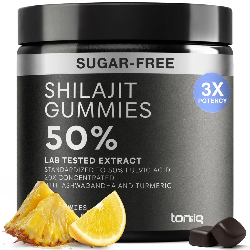 Shilajit Gummies – 20:1 Concentrate – 50% Fulvic Acid, Himalayan Sourced – Ashwagandha + Turmeric – Sugar-Free – Lab Tested