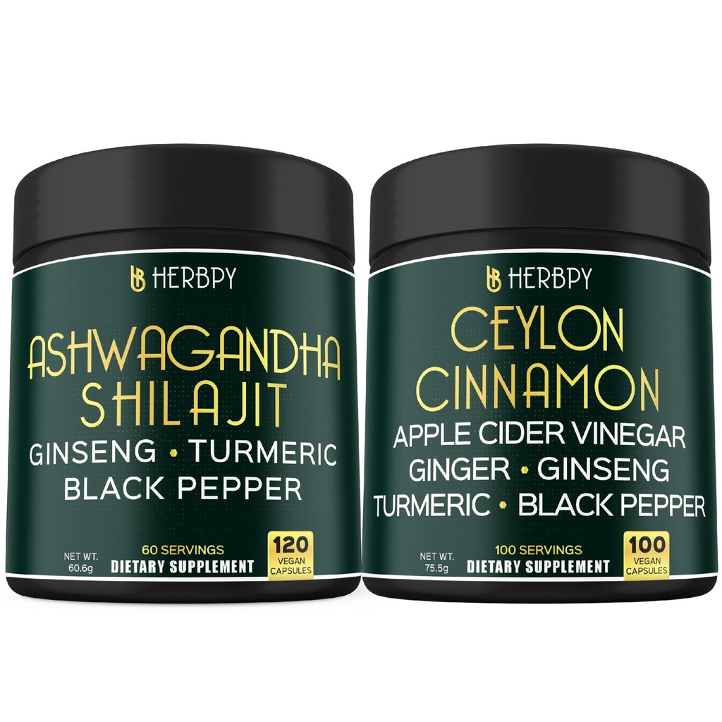 Herbpy Bundle 5in1 Ashwagandha Shilajit & 6in1 Premium Ceylon Cinnamon Supplements