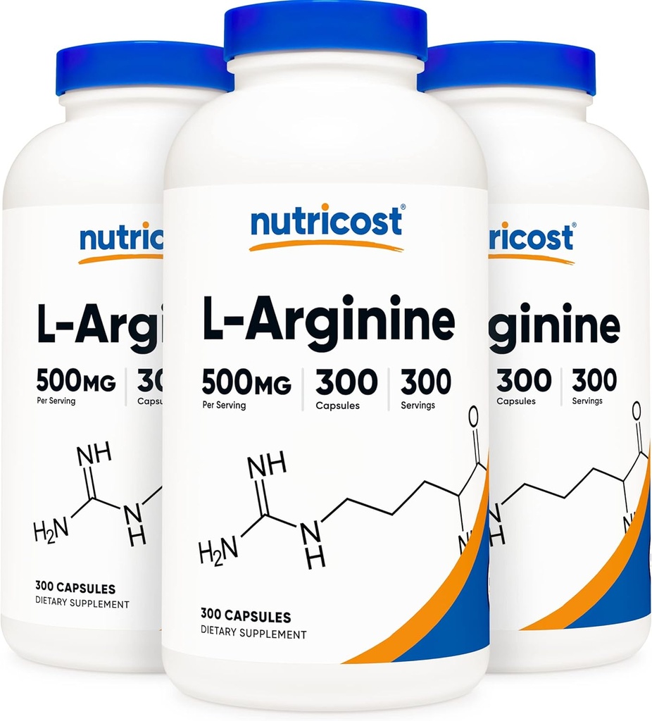 Nutricost L-Arginine 500 mg, 300 Capsules (3 Şişe)