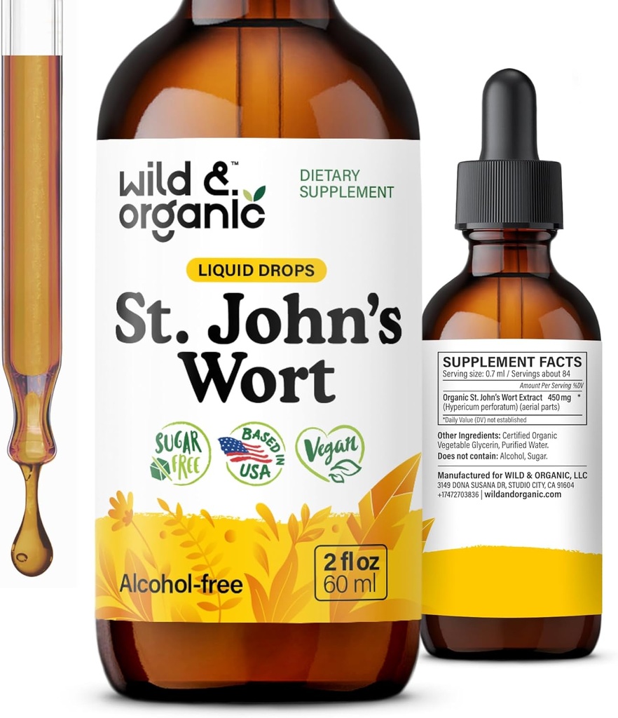 Wild & Organic St Johns Wort Tincture - Mood Support - Relaxing St. John's Wort Supplement - Sıvı Hipericum Perforatum Herb Drops - Vegan, Sugar & Alkol Özgür - 2 fl oz