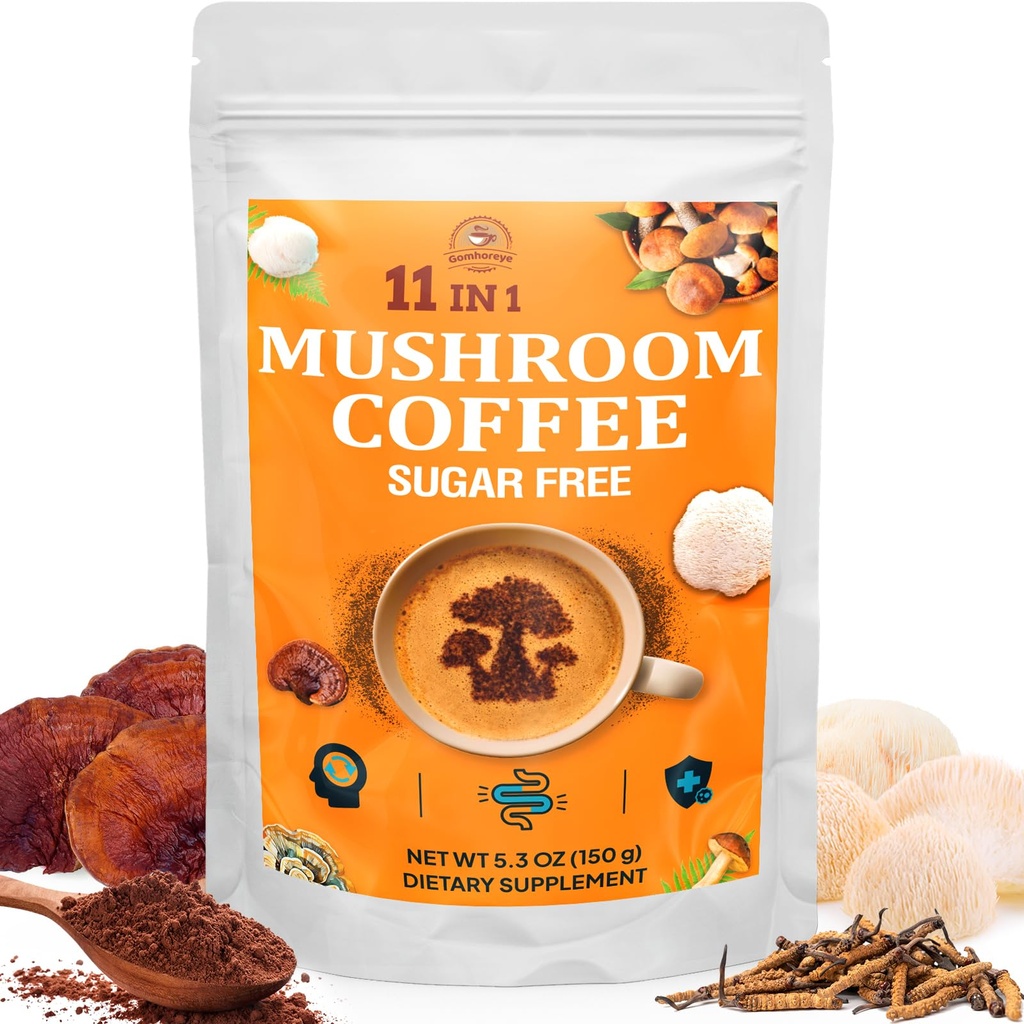 Mushroom Coffee - Mushroom Coffee Organic 11 Superfood Mushrooms, Lion's Mane, Reishi, Chaga, Cordyceps ve Adaptogens, Mushroom Supplement for Energy, Focus, Memory and Immunity - 5.3oz