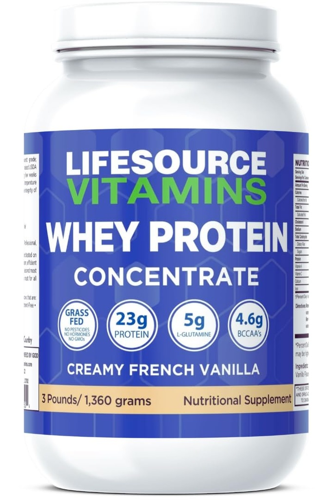 LifeSource Vitamins 3 lb Grass Fed Whey Protein Concentrate - Creamy French Vanilla w/Stevia - Free Priority Shipping