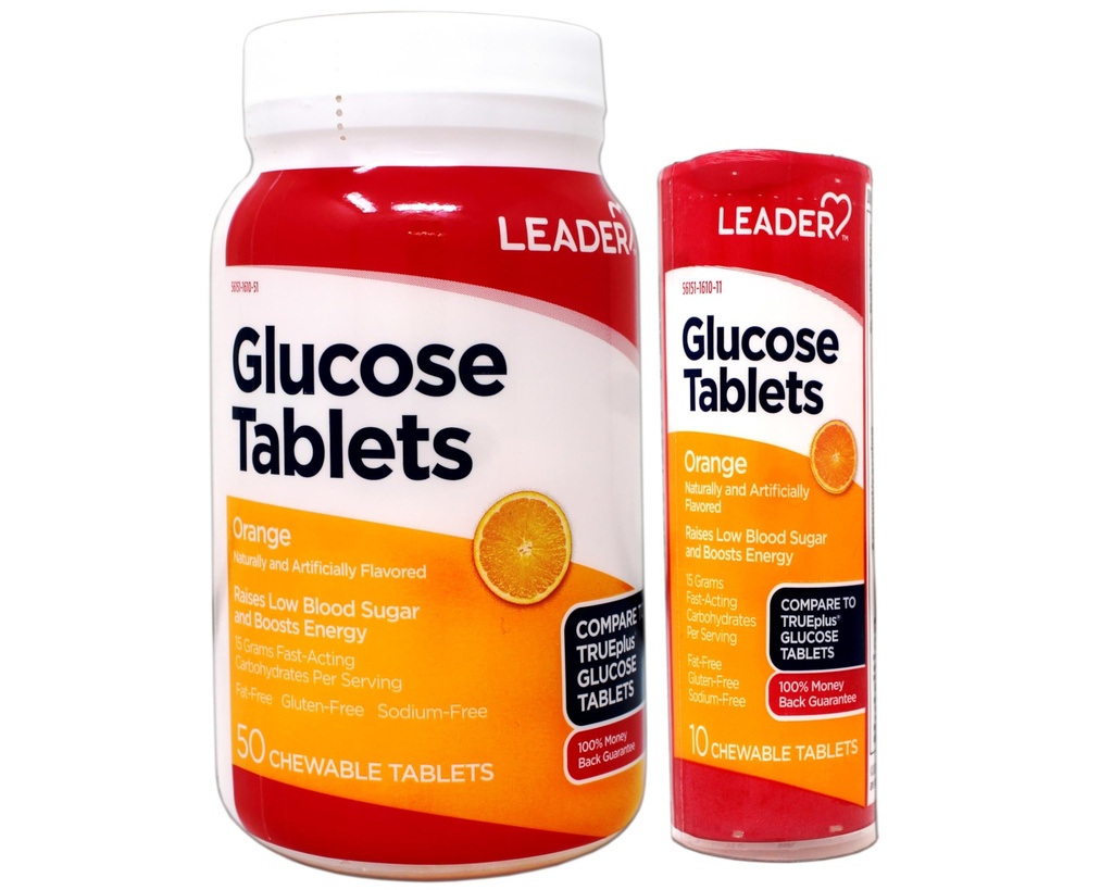 Leader Glucose Tablets, Fast Acting, Great Tasting, Fat-Free, Gluten-Free, Orange Flavor 50 Chewable Tablets with On-The-Go 10 Tablets Tube