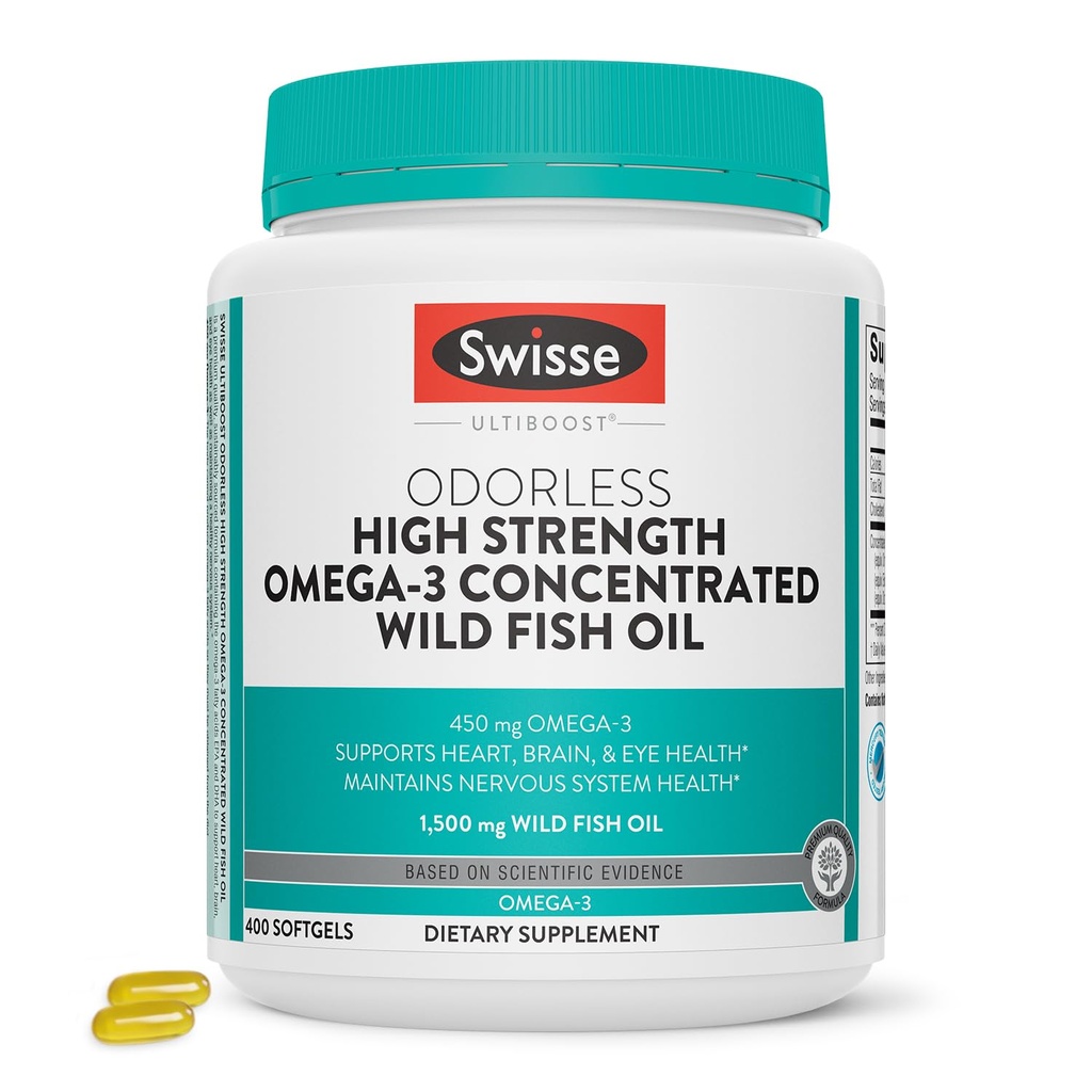 Swisse Wild Fish Oil Omega 3 Supplements for Women and Men | EPA DHA Fish Oil Supplements | Odorless - Helps Support Brain, Eye and Heart Health | High Strength 1500 mg | 400 Softgel Pills