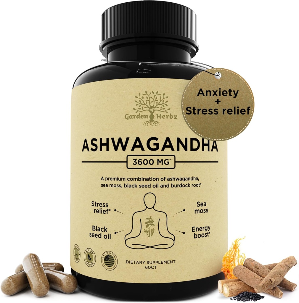 Organik Ashwagandha Root & Irish Sea Moss – 3,600 mg Ashwagandha Supplement with Black Seed Oil, & Burdock Root – Herbal Supplement for Energy, Stress Relief, Extra Strength, 60 Caps