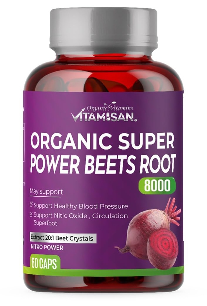 VITAMISAN Organic Super Powder Beets Root 8000 – Nitric Oxide Support with 20:1 Beet Extract, Grape Seed, Collagen & Magnesium – Non-GMO, Gluten Free Beetroot Powder Capsules