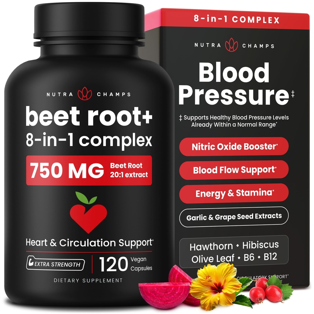 8-in-1 Beet Root Capsules - Healthy Blood Pressure Support Supplement** for Heart & Circulation, Energy Support - Hawthorn Berry, Hibiscus, Garlic & Grape Seed - Beet Juice Alternative - 120 Capsules