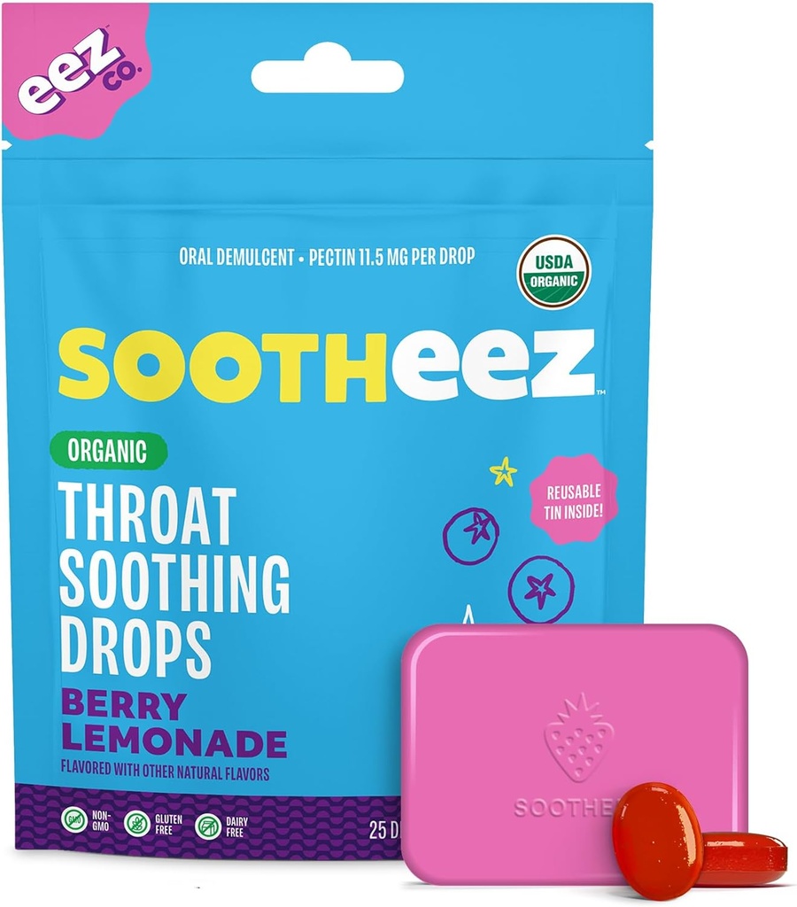 Sootheez Organik Throat Soothing Drops for Yetişkinler, Berry Lemonade, 25 Kont, Refillable, Great Tasting Drops That Sooth Sore Throats