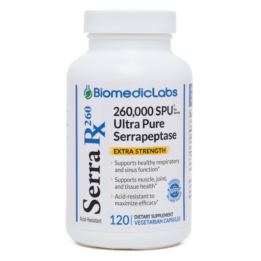 Serra-RX 260,000 SU Serrapeptase - 120 Veg Capsules Acid-Resistant Proteolytic Systemic Enzyme, Non-GMO, Gluten Free, Vegan, Supports Sinus, Immune & Lung Health