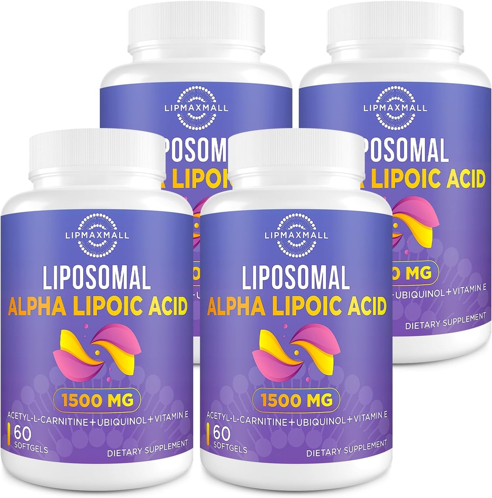 Liposomal Alpha Lipoic Acid 1500mg - με Acetyl-L-Καρνιτίνη 900mg & Ubiquinol 100mg & Βιταμίνη Ε 15mg, Συμπλήρωμα ALA για Αντιοξειδωτικά Γλυκόζη Μεταβολισμός Νεύρο Ενέργεια,60 Softgels (4 Φιάλη)