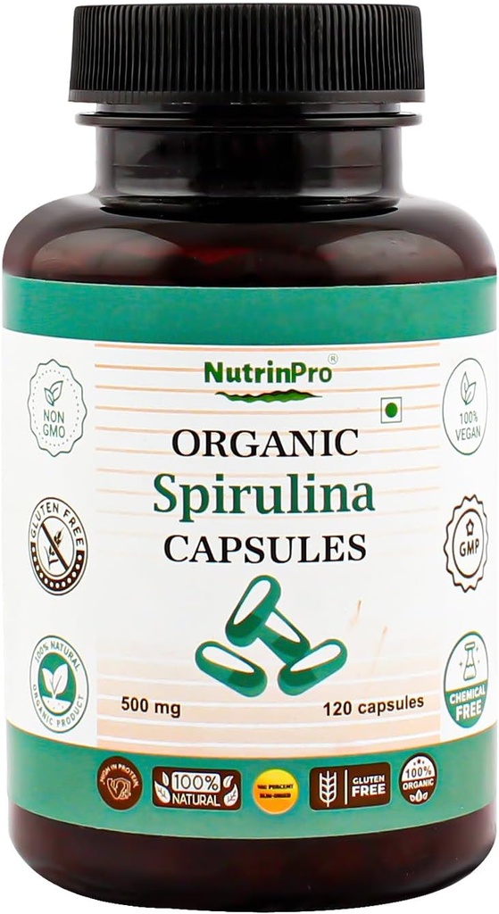 Κάψουλες Organic USDA Spirulina - 100% συμπλήρωμα καθαρής Vegan, μη ΓΤΟ, χωρίς γλουτένη, χωρίς χημικά, (120)