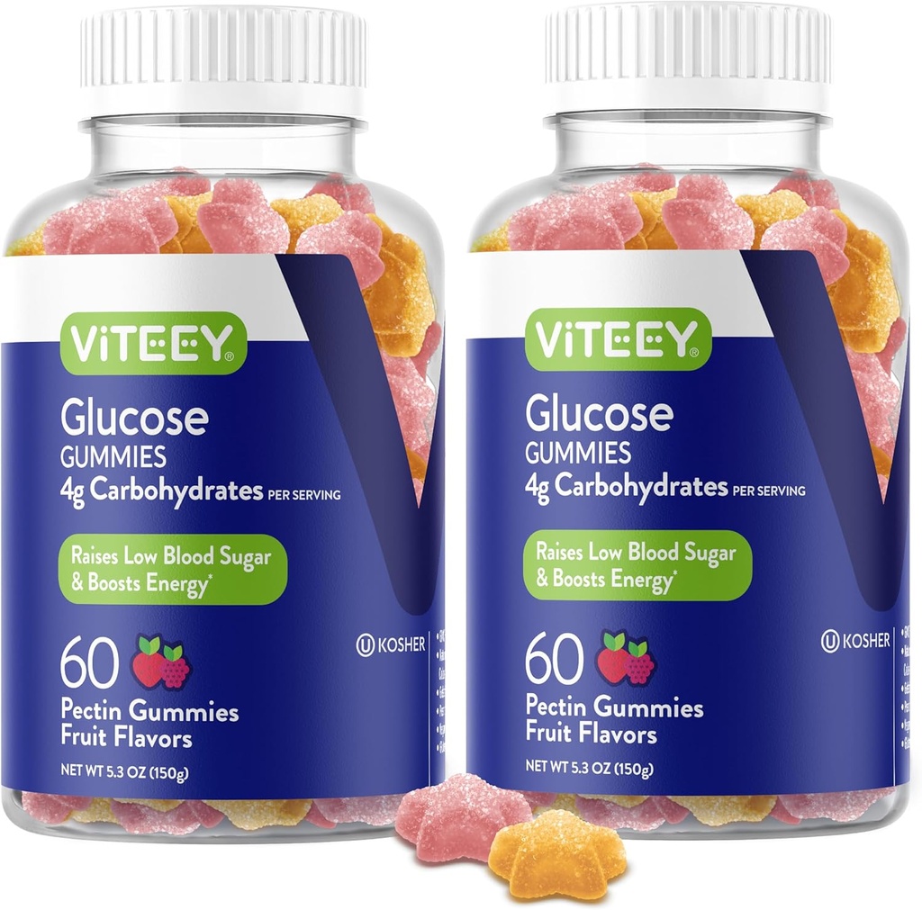 Viteey Glucose Gummies - 4g of Carbohidratlar - Glucose Tabletlerine Alternatif - Enerji ve Kan Şeker Desteği - Vegan, Gluten Free, Gelatin Free - 120 Kont