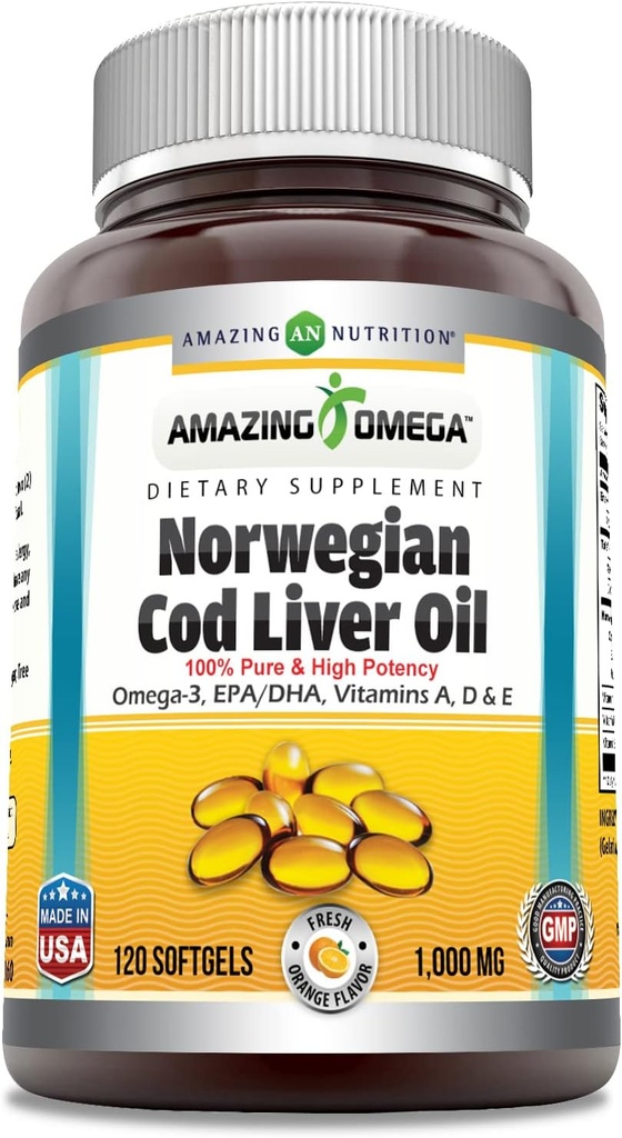 Amazing Omega Norveç Cod Liver Oil (Omega-3, EPA/DHA) Supplement | 1000 Mg Per | 120 Softgels | Orange Flavor | Non-GMO | Gluten-Free | Made in USA
