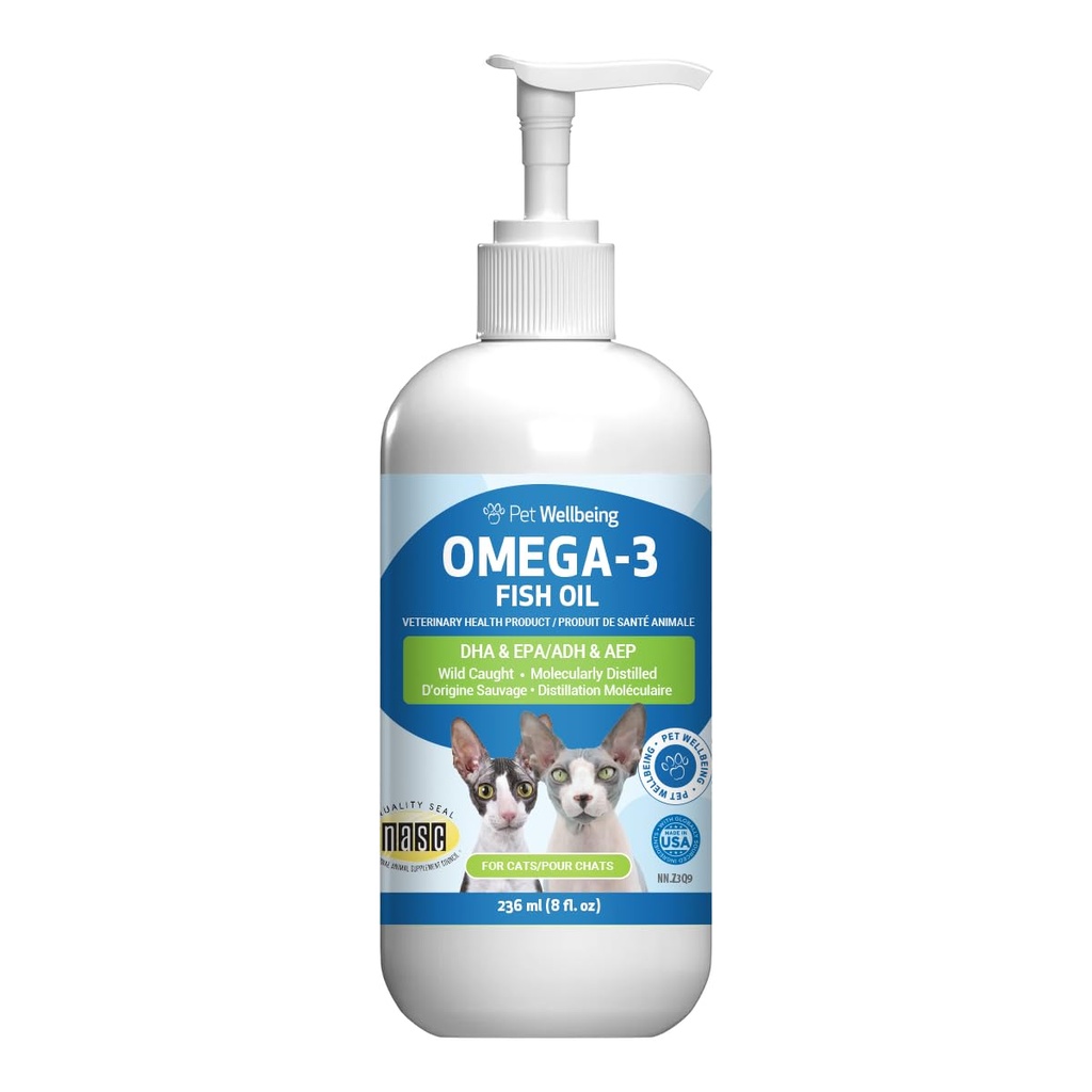 Pet Wellbeing Omega-3 Icelandic Fish Oil for Cats - Wild-Caught, Cold-Water Fish, Healthy Skin and Coat, Joint Health and Mobility, Fatty Acids, Anchovies, Sardines - EPA, DHA - 8 fl oz (236 ml)