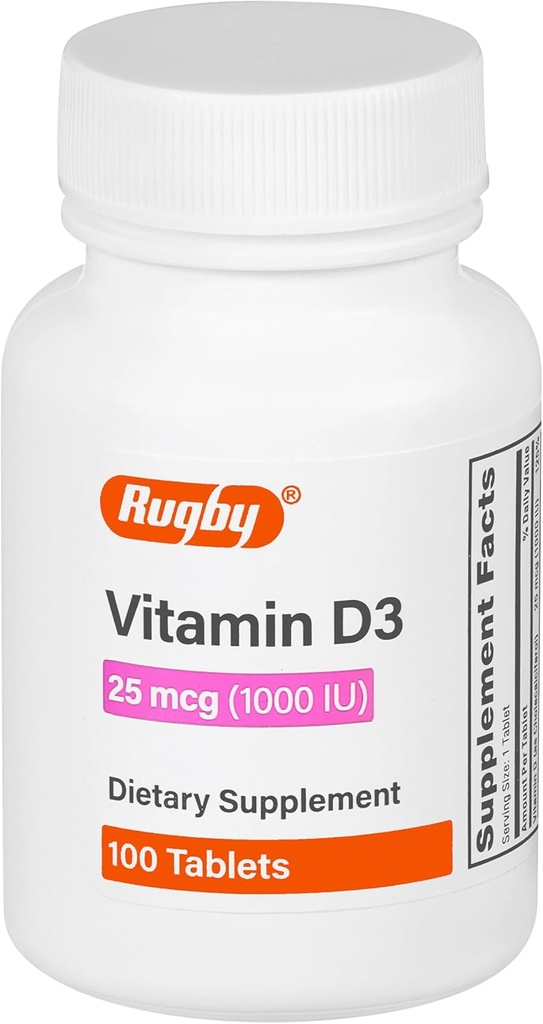 Rugby D Vitamin3, 25 mcg (1,000 IU) - Diyet Supplement - 100 Tablet (1 Pack)