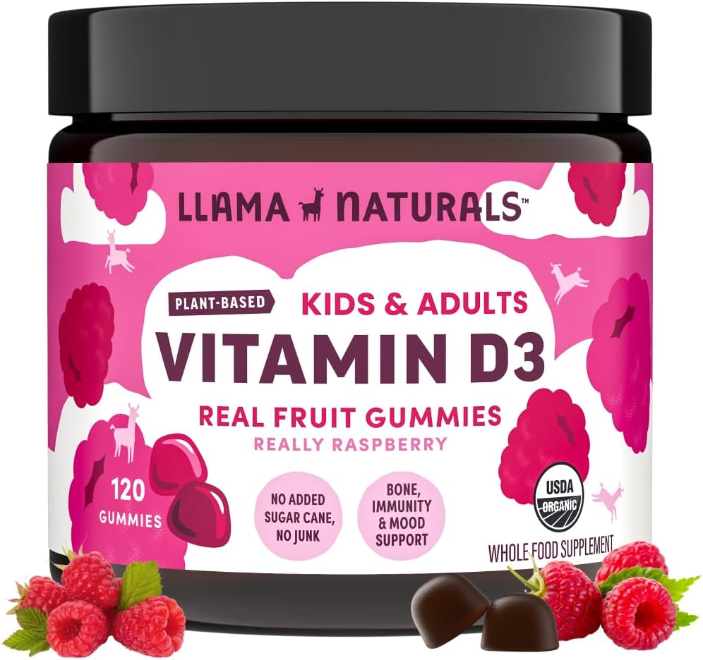Llama Naturals Vitamin D3, Vegan, Organik Immune Support Supplement, Yetişkinler ve Çocuklar için D Gummies, Real Fruit Gummy Vitamins, Tavsiyeler Bone Health, No added Sugar Cane, Raspberry, 120 Ct