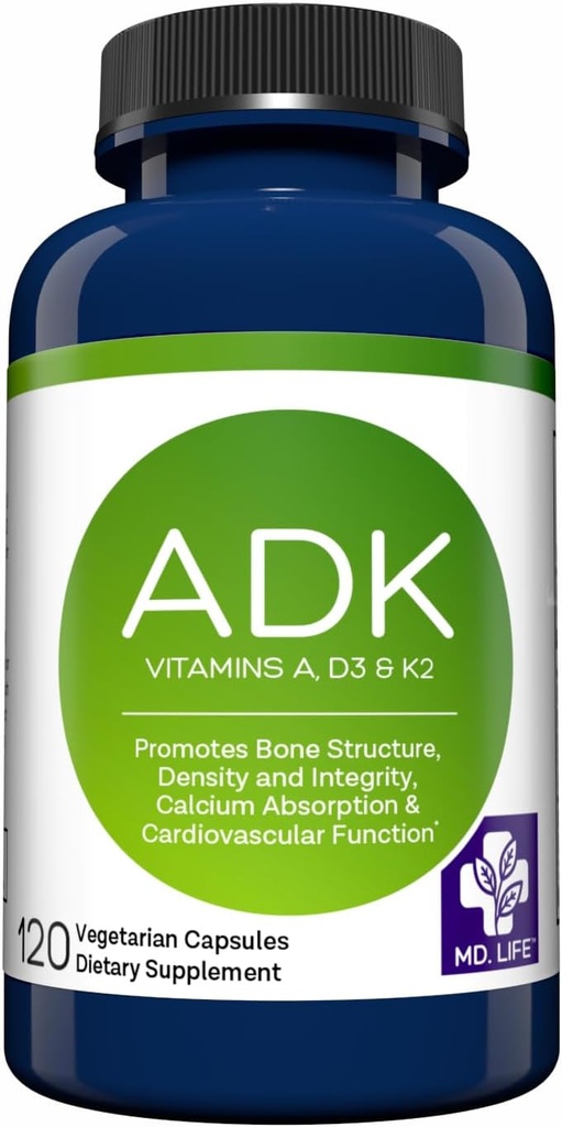 Συμπλήρωμα βιταμίνης MD.LIFE ADK – Βιταμίνη D3 K2 και A Complex – 120 κάψουλες – Υψηλής ισχύος βιταμίνη ADK για την υποστήριξη της υγείας των οστών και της καρδιάς