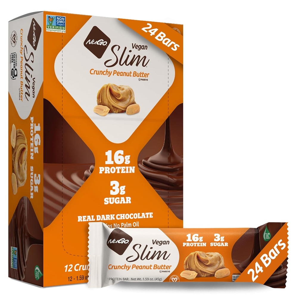 Nugo Slim Dark Chocolate Crunchy Peanut Butter, 16g Vegan Protein, 3g Sugar, 7g Fiber, Low Net Carb, Keto Friendly, Gluten Free, 24 Kont