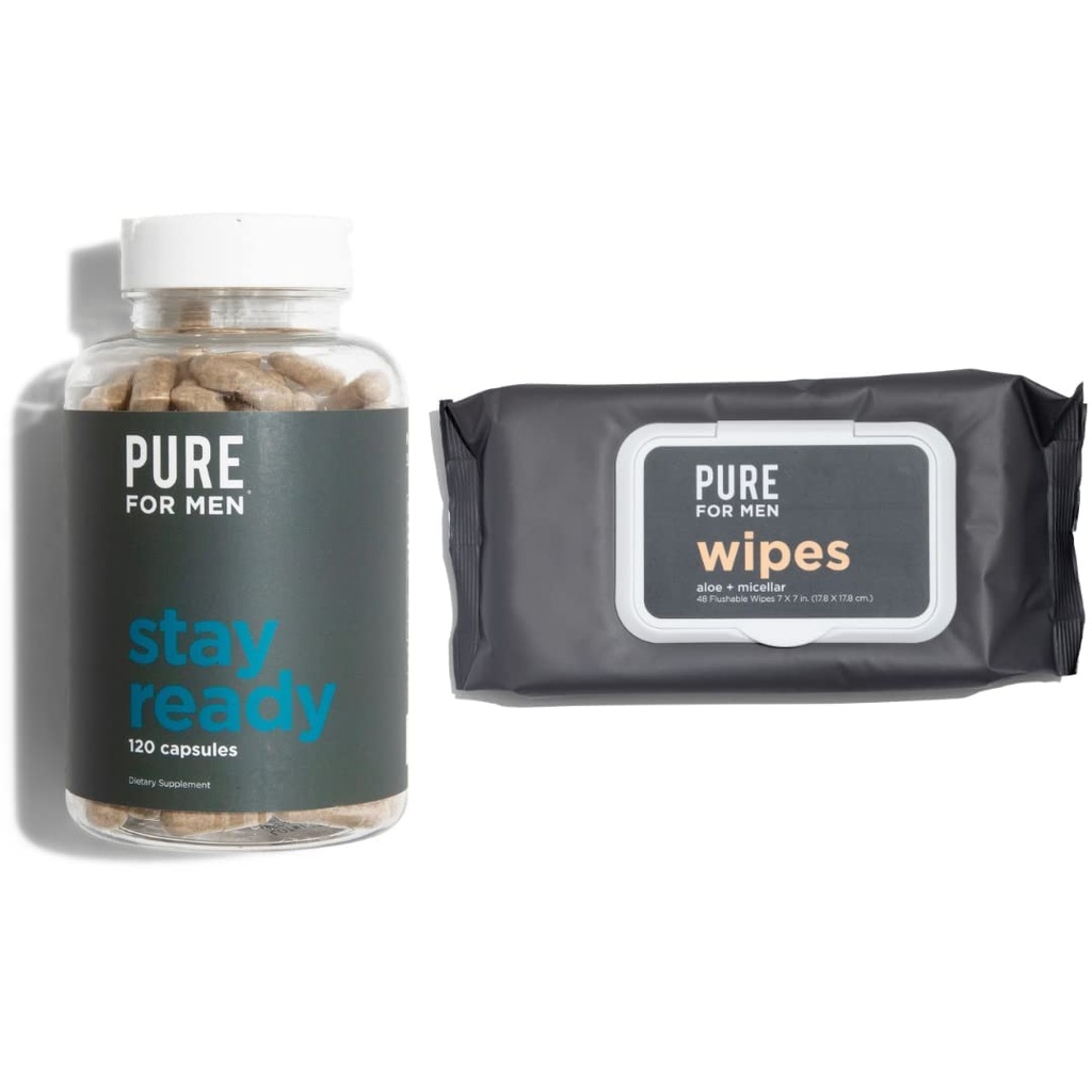 Men Original Vegan Cleanliness Fiber Supplement, 120 Capsules, Eco-Responsible Stay Ready Wipes with Micellar and Aloe (48 Count)