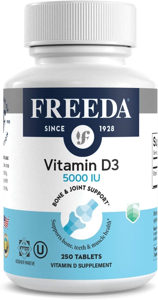 FREEDA Vitamin D3-5000 IU - Pure High Potency Kosher Supplement Tablets - Bone and Muscle Health, Calcium Absorption, Immune Support for Men and Women* - 250 Count