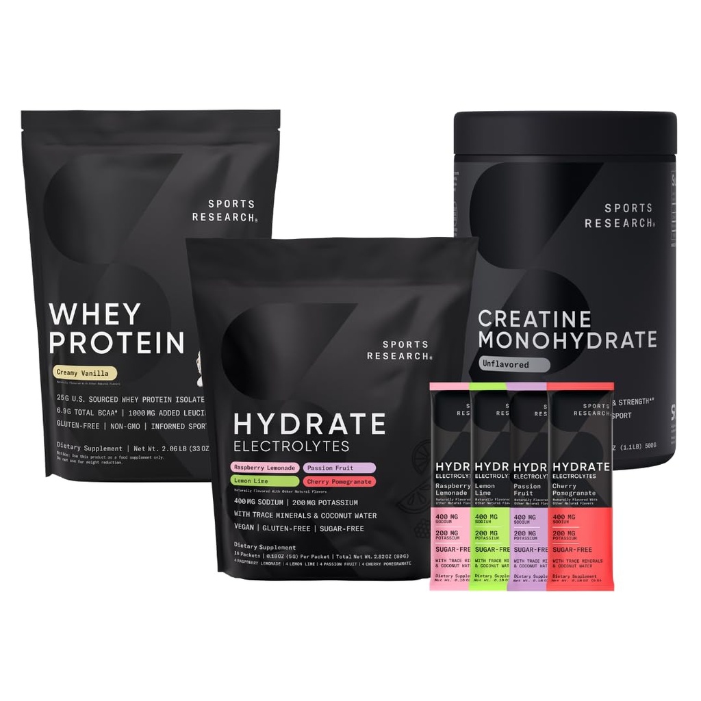 Sports Research® Whey protein Isolate Vanilla Flavored (2.1 lb), Çeşitli Pack Hydrate Electrolytes Toz Packets (16 Count) ve Tinatine Monohidrat (1.1 lb)