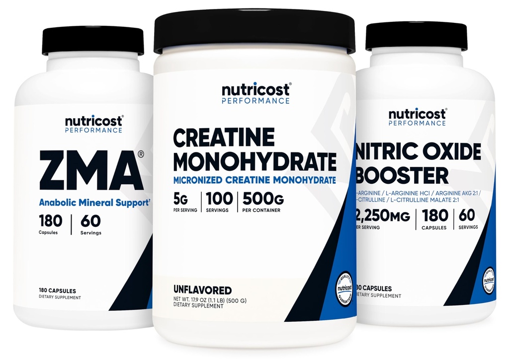 Nutricost Creatine 500 γραμμάρια, Nitric Oxide 180 κάψουλες, και ZMA 180 κάψουλες Bundle