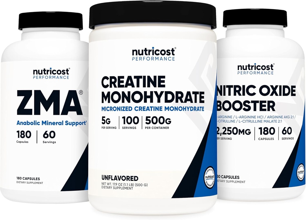 Nutricost Creatine 500 γραμμάρια, Nitric Oxide 180 κάψουλες, και ZMA 180 κάψουλες Bundle